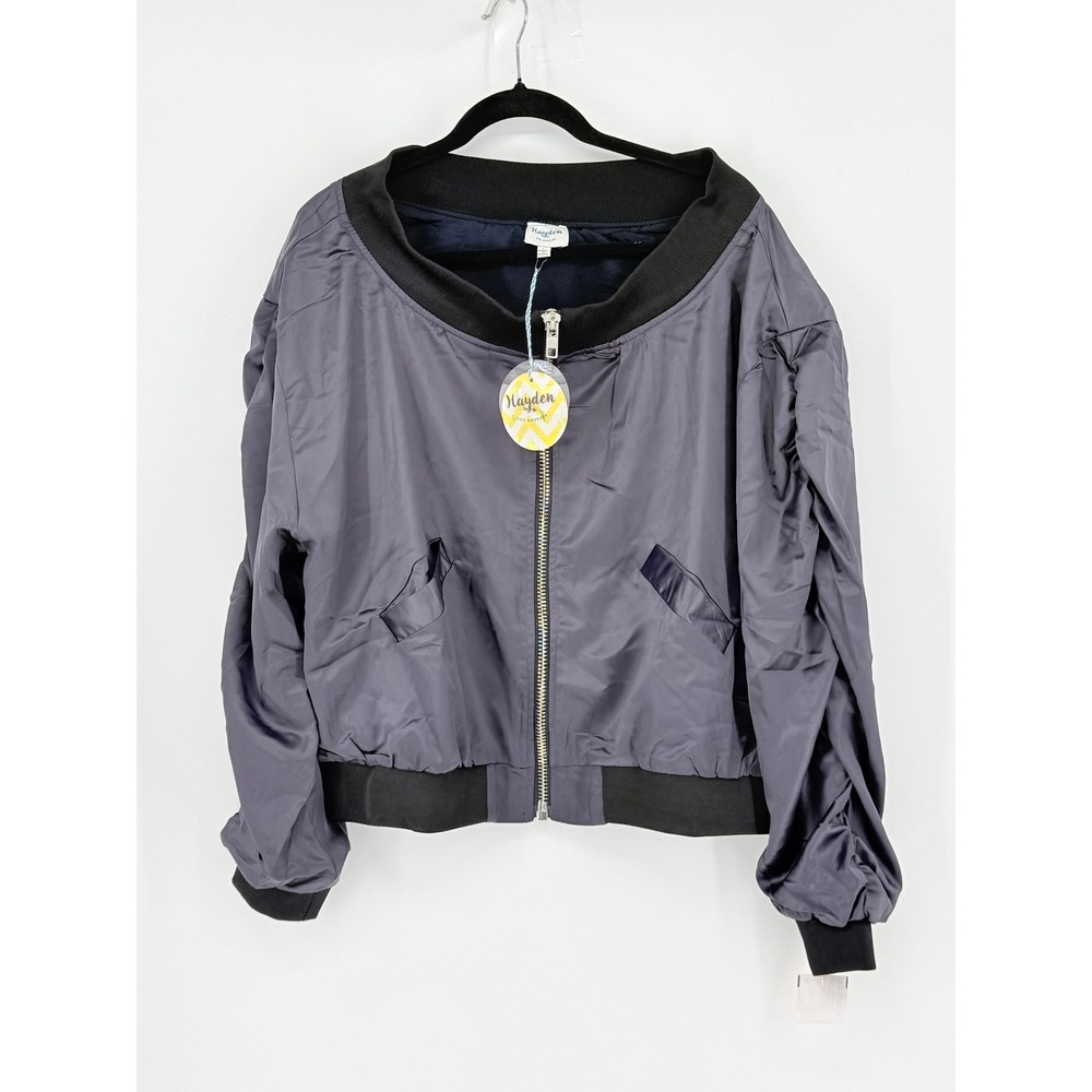 Y2K Purple Grey Satin Bomber Jacket New Womens Large Moto Streetwear Edgy Shiny